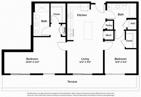 Floor plan for 2 beds, 2 baths, 923 sqft